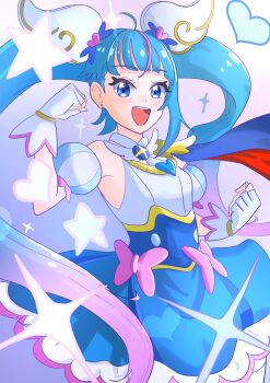 1girl absurdres blue_cape blue_dress blue_hair bow brooch cape clenched_hands commentary cure_sky cut_bangs detached_sleeves dress dress_bow earrings fingerless_gloves frilled_dress frills gloves gradient_hair hair_ornament heart highres hirogaru_sky!_precure jewelry kichi_(erkz2532) long_hair looking_at_viewer magical_girl multicolored_hair open_mouth pink_bow pink_hair precure puffy_detached_sleeves puffy_sleeves red_cape short_dress simple_background single_sidelock sleeveless sleeveless_dress smile solo sora_harewataru sparkle standing star_(symbol) streaked_hair stud_earrings twintails two-sided_cape two-sided_fabric two-tone_dress two-tone_hair very_long_hair white_background white_dress white_gloves wing_brooch wing_hair_ornament