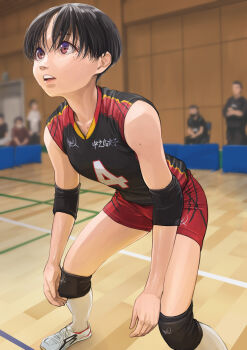1girl black_hair blurry blurry_background breasts brown_eyes collarbone elbow_pads highres indoors knee_pads mole mole_on_arm mole_on_collarbone mole_under_eye original otsu_natsu shoes short_hair shorts small_breasts sneakers solo_focus sportswear standing sweat tomboy volleyball_(sport)