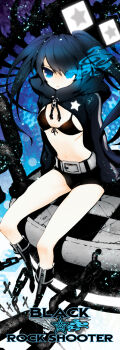 belt bikini bikini_top_only black_rock_shooter black_rock_shooter_(character) black_shorts blue_eyes blue_fire blue_hair boots fire flaming_eye front-tie_bikini_top front-tie_top highres keikazz long_hair pale_skin scar shorts sitting star_(symbol) swimsuit twintails uneven_twintails