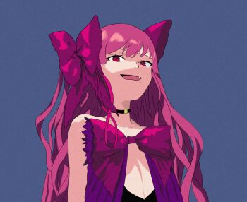 Rule 34 | 1girl, bare shoulders, black leotard, blue background, blue bow, bow, choker, commentary, dead apostle noel (tsukihime), dress, english commentary, fang, flat chest, hair bow, highres, leotard, long hair, looking at viewer, loser 5100, mole, mole under mouth, noel (tsukihime), pink dress, pink hair, red eyes, ribbon, smile, tsukihime, tsukihime (remake), upper body, vampire, wavy hair