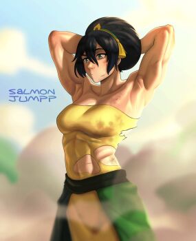 1girl absurdres aged_up ankle_cuffs avatar:_aang_the_last_airbender avatar:_the_last_airbender avatar_legends blind breasts capri_pants commentary english_commentary green_hairband green_pants hair_bun hairband highres large_breasts muscular muscular_female pants salmonjumppsfw single_hair_bun solo toph_beifong