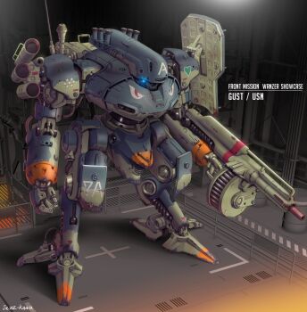artist_name blue_eyes character_name front_mission glowing glowing_eye gun gust_(front_mission) hangar highres holding holding_gun holding_weapon jazz_kawa_sodom mecha no_humans radio_antenna robot science_fiction solo standing weapon