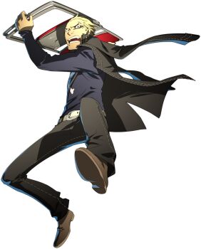 Rule 34 | 1boy, angry, belt, black eyes, blonde hair, chair, delinquent, ear piercing, fangs, fighting stance, folded chair, folding chair, full body, highres, jacket, jacket on shoulders, jolly roger, jumping, long sleeves, looking at viewer, male focus, official art, open mouth, oribe hanako, pants, persona, persona 4, persona 4: the ultimate in mayonaka arena, piercing, scar, school uniform, shoes, simple background, solo, tatsumi kanji, third-party source, transparent background, widow's peak, yasogami school uniform