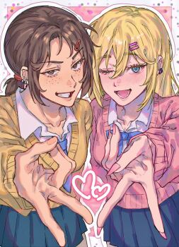 2girls aida_aot blonde_hair blue_eyes bow bowtie brown_eyes brown_hair commentary ear_piercing earrings hair_ornament hairclip heart highres jewelry krista_lenz long_hair long_sleeves looking_at_viewer low_ponytail multiple_girls necktie one_eye_closed open_mouth parallel_hairclips piercing pleated_skirt ponytail school_uniform shingeki_no_kyojin short_hair skirt smile sweater symbol-only_commentary v ymir_(shingeki_no_kyojin)