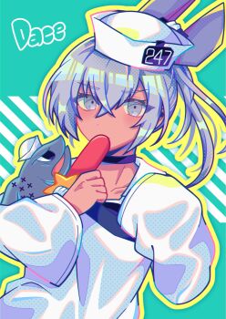 Rule 34 | 1girl, character name, dace (kancolle), dixie cup hat, fish, green background, grey eyes, grey hair, hat, headgear, highres, kantai collection, looking at viewer, military hat, name connection, object namesake, rirashi, shirt, side ponytail, solo, swimsuit, swimsuit under clothes, upper body, white hat, white shirt