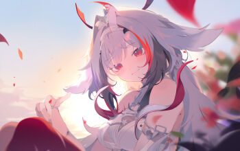 1girl alternate_form animal_ear_fluff breasts china_dress chinese_clothes commentary_request dress droopy_ears gradient_hair headband highres horns light_smile looking_at_viewer medium_breasts multicolored_hair petals red_eyes single_horn sleeveless streaked_hair sunset teoskyrios white_hair ye_shunguang zenless_zone_zero