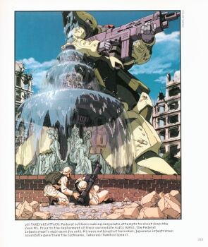 2boys armor artist_request backpack bag battle battlefield black_bag english_text fountain gundam helmet lying mecha military_combat_uniform military_uniform multiple_boys on_back robot rocket_launcher rubble scan scan_artifacts science_fiction soldier teamwork war weapon