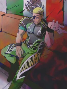 1boy animal_print biceps blonde_hair eyepatch facial_hair fighting_game goatee looking_at_viewer mexican_flag mexico mojyavoltage6 muscular muscular_male ramon_(kof) snk solo the_king_of_fighters the_king_of_fighters_xiv the_king_of_fighters_xv tiger_print wrestler wristband