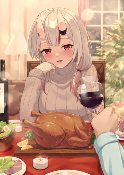 1girl 1other absurdres alcohol alternate_breast_size alternate_costume blurry blush bokeh bottle breasts candle center-flap_bangs christmas christmas_tree cup depth_of_field drinking_glass elbow_on_table fang food fruit gift gradient_hair grey_hair grey_sweater hair_over_shoulder ham hand_on_own_face head_rest highres hololive horns indoors lamp large_breasts leeshin0919 lemon lemon_slice lettuce long_hair long_sleeves looking_at_viewer multicolored_hair nakiri_ayame night oni open_mouth pov red_eyes red_hair red_streaks ribbed_sweater salad skin-covered_horns smile solo_focus streaked_hair sweater table toasting_(gesture) turkey_(food) turtleneck turtleneck_sweater upper_body virtual_youtuber window wine wine_bottle wine_glass