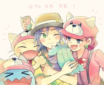 >_< 1boy 1girl atsumi_yoshioka bewear blue_eyes blush bow bowtie character_hat closed_eyes commentary_request cup earrings employee_uniform fangs gen_1_pokemon gen_2_pokemon gen_7_pokemon green_eyes hat holding holding_cup holding_pokemon james_(pokemon) jessie_(pokemon) jewelry mareanie meowth nintendo notice_lines one_eye_closed open_mouth pokemon pokemon_(anime) pokemon_(creature) pokemon_sm_(anime) romaji_text shirt smile wobbuffet yellow_shirt