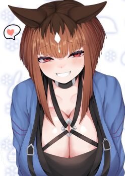 1girl animal_ears blue_shirt blunt_bangs blush bob_cut breasts brown_hair cleavage commentary_request grin heart highres hisagi_(hisagi00) horse_ears horse_girl huge_breasts leaning_forward looking_at_viewer medium_hair multicolored_hair raised_inner_eyebrows red_eyes roots_(hair) shirt smile smug solo spoken_heart transcend_(umamusume) umamusume upper_body