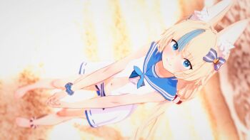 1girl 3d 3d_background animal_ear_fluff animal_ears beach blue_bow blue_eyes blue_hair blue_nails blue_scrunchie blush bow dress highres indie_virtual_youtuber looking_at_viewer low_twintails midriff navel open_clothes open_dress sameko_saba scrunchie smile twintails virtual_youtuber wataaamage wrist_scrunchie