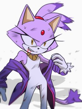 1girl animal_ears blaze_the_cat blood blood_on_mouth bodysuit cat_ears cat_girl cat_tail forehead_jewel fur-trimmed_gloves fur_trim furry furry_female gloves grey_background highres ponytail simple_background sonic_(series) sweat tail white_bodysuit white_gloves yellow_eyes yeonwu08