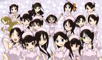 Rule 34 | 6+girls, arm up, ass, bandage on face, bandages, black hair, blonde hair, blue eyes, blunt bangs, bow, brown eyes, commentary, dark-skinned female, dark skin, dated, dress, everyone, eyepatch, floral background, fujiyoshi harumi, fuura kafuka, glasses, green eyes, hair between eyes, hair ornament, hat, hitou nami, holding, holding phone, holding syringe, itoshiki rin, junpei, kaga ai, kimura kaere, kitsu chiri, kobushi abiru, komori kiri, long hair, looking at viewer, maruuchi shouko, medical eyepatch, mitama mayo, multiple girls, nezu miko, nurse, nurse cap, ookusa manami, oora kanako, open mouth, orange bow, otonashi meru, panties, pantyshot, phone, pink dress, pink hat, purple background, purple eyes, red eyes, sayonara zetsubou sensei, sekiutsu maria tarou, short hair, smile, syringe, tsunetsuki matoi, underwear, white panties, x hair ornament, yellow eyes