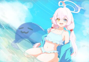 1girl absurdres ahoge bikini blue_archive blue_eyes blue_jacket blue_sky blush breasts cloud commentary_request halo heterochromia highres hoshino_(blue_archive) hoshino_(swimsuit)_(blue_archive) innertube jacket jacket_partially_removed kneeling lens_flare long_hair looking_at_viewer low_twintails nekozuki official_alternate_costume open_mouth pink_hair pink_halo shallow_water sky small_breasts smile solo swim_ring swimsuit twintails very_long_hair water white_bikini yellow_eyes