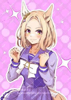Rule 34 | 1girl, animal ears, blonde hair, blush, bow, bowtie, breasts, closed mouth, collarbone, commentary request, commission, ear covers, ear ornament, highres, horse ears, horse girl, horse tail, long sleeves, looking at viewer, medium breasts, narita top road (umamusume), pleated skirt, purple eyes, purple sailor collar, purple serafuku, purple shirt, purple skirt, sailor collar, sailor shirt, school uniform, serafuku, shirt, short hair, single ear cover, skeb commission, skirt, smile, solo, tail, tracen school uniform, umamusume, white bow, white bowtie, youai you