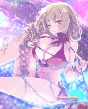 1girl assault_lily bare_arms bare_legs bare_shoulders beach bikini blonde_hair blurry blurry_background blurry_foreground blush bow bow_bikini bracelet braid braided_ponytail breast_press breasts cleavage closed_mouth cocktail_glass commentary commission cowboy_shot cup drinking_glass drinking_straw dutch_angle evening flower gem hair_flower hair_ornament hair_over_shoulder highres holding holding_drinking_straw jewelry knee_up large_breasts light_particles long_hair miyagawa_takane naridon official_alternate_costume official_alternate_hairstyle outdoors pearl_(gemstone) pearl_bracelet pearl_hair_ornament purple_sky red_bikini red_bow shallow_water single_braid sitting skeb_commission sky smile solo swimsuit symbol-shaped_pupils thighlet very_long_hair water watermark white_flower