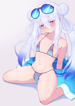 1girl bikini blue_bikini blush bombergirl breasts censored female_focus flat_chest hair_bun hair_buns heart heart_censor long_hair looking_at_viewer navel nipples purple_eyes pussy see-through_clothes simple_background small_breasts solo suisui_(bombergirl) sunglasses sunglasses_on_head sweat sweatdrop swimsuit twintails white_hair