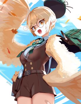 1girl absurdres artist_name belt blonde_hair blue_sky breasts brown_feathers brown_wings commentary_request feathers fujiwara_echi glasses harpy hat highres indie_virtual_youtuber kanna_yanagi looking_at_viewer magnifying_glass monster_girl open_mouth owl_girl pointy_ears round_eyewear short_hair shorts sky solo unworn_headwear virtual_youtuber winged_arms wings yellow_eyes yellow_feathers