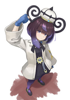1girl absurdres arm_up black_dress black_ribbon black_shoes blue_gloves blunt_bangs closed_mouth coat commentary_request dress full_body ganze_382 gloves gwynn_(pokemon) hat head_tilt highres long_sleeves looking_up medium_hair neck_ribbon nintendo open_clothes open_coat pantyhose partially_fingerless_gloves pokemon pokemon_legends:_z-a purple_pantyhose ribbon shoes solo standing white_coat