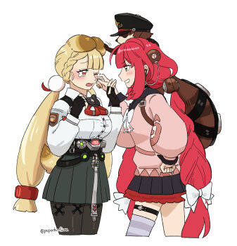 2girls alice_thymefield animal animal_ears animal_on_shoulder belt black_gloves black_hat black_pantyhose black_sailor_collar blonde_hair blush breasts cardigan chest_bow cropped_legs eye_contact fingerless_gloves from_above gloves green_eyes green_skirt grin hair_ornament hair_ribbon hand_on_own_hip hat hearing_aid highres implied_yuri kamanosuke_(zenless_zone_zero) long_hair looking_at_another low_twintails medium_breasts motion_lines multiple_girls multiple_hair_ribbons open_mouth orange_eyes pantyhose parted_lips pink_cardigan popochi_fuwa rabbit_girl rabbit_tail raccoon red_hair ribbon sailor_collar shirt simple_background skirt smile sphere_hair_ornament tail tanuki tears thigh_strap twintails twitter_username ukinami_yuzuha white_background white_ribbon white_shirt wiping_tears zenless_zone_zero