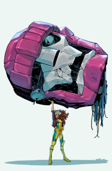 1girl brown_hair colored_bangs gloves green_eyes imkota long_hair looking_at_viewer marvel marvel_rivals multicolored_hair official_art robot rogue_(x-men) sentinel_(x-men) smile solo superhero_costume two-tone_hair x-men