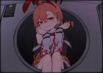 ! 1girl absurdres animal_ears blue_archive bow bowtie braid chirpy commentary eyelashes fake_animal_ears floral_print hair_between_eyes halo highres in_washing_machine jacket leotard lollipop_in_mouth long_sleeves mole mole_under_eye neru_(blue_archive) neru_(bunny)_(blue_archive) off_shoulder orange_hair playboy_bunny rabbit_ears red_bow red_bowtie red_eyes red_leotard sitting solo strapless strapless_leotard washing_machine