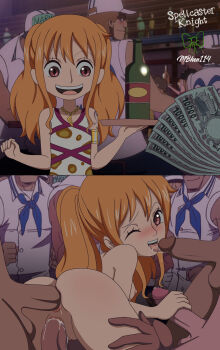 1girl 2koma 6+boys absurdres age_difference aged_down anal ass ass_focus before_and_after breasts brown_eyes comic cum cum_in_pussy double_penetration fellatio group_sex handjob happy_sex highres instant_loss licking licking_penis loli looking_back lying lying_on_person marines mbhen114 money multiple_boys nami_(one_piece) nipples on_stomach one_eye_closed one_piece one_piece_film:_z open_mouth oral orange_hair orgy penis precum prostitution sex sex_from_behind size_difference small_breasts smile spellcaster_knight surrounded symbol-shaped_pupils symbol_in_eye twintails uncensored vaginal waitress wink