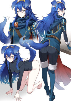 1girl all_fours ameno_(a_meno0) animal_ears ass bare_legs barefoot belt black_leotard blue_boots blue_cape blue_eyes blue_gloves blue_hair blush boots breasts cape closed_mouth commentary dog_ears dog_tail fingerless_gloves fire_emblem fire_emblem_awakening from_behind full_body gloves gold_tiara hair_between_eyes heattech_leotard legs leotard long_hair long_sleeves looking_at_viewer looking_back lucina_(fire_emblem) medium_breasts multiple_views nintendo no_pants open_mouth parted_lips ribbed_leotard sweatdrop symbol-shaped_pupils tail thigh_boots turtleneck upper_body