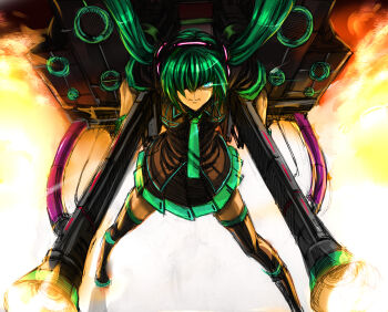 1girl backpack bag black_thighhighs cannon dendrobium_schema dual_wielding female_focus glowing glowing_eyes green_eyes green_hair gundam gundam_0083 hair_over_one_eye hatsune_miku headphones hellsing highres holding huge_weapon karlwolf koi_wa_sensou_(vocaloid) long_hair matching_hair/eyes parody pleated_skirt randoseru seras_victoria skirt solo speaker thighhighs twintails very_long_hair vocaloid weapon zettai_ryouiki