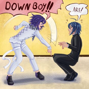 Rule 34 | 2boys, ahoge, black jacket, blue hair, blush, checkered clothes, checkered scarf, commentary, cross-laced clothes, cross-laced top, danganronpa (series), danganronpa v3: killing harmony, domination, english commentary, english text, flipped hair, from side, full body, hair between eyes, highres, insanemapleleaf, jacket, long sleeves, male focus, medium hair, motion lines, multiple boys, oma kokichi, open mouth, pants, pointing, pointing down, profile, purple eyes, purple hair, saihara shuichi, scarf, short hair, speech bubble, squatting, standing, striped clothes, striped jacket, striped pants, thigh strap, two-tone scarf, vertical-striped sleeves, yaoi