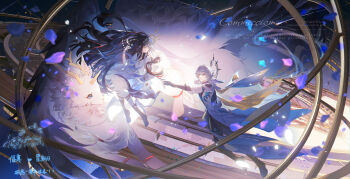 Rule 34 | absurdres, armillary sphere, blue hair, boots, chinese text, commission, dress, earrings, elbow gloves, falling petals, feathered wings, floating, floating hair, frills, full body, gloves, hair between eyes, hair ornament, hair ribbon, halo, halo behind head, head wings, highres, honkai: star rail, honkai (series), jewelry, kneehighs, kui quan aoinu, looking at another, medium hair, moon, moon phases, oc x canon, original, outstretched arm, pants, parted lips, petals, purple petals, red ribbon, ribbon, sidelocks, socks, sunday (honkai: star rail), watermark, white gloves, white hair, white socks, white wings, wings, yellow eyes