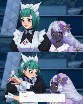 2girls black_romper breikka dark-skinned_female dark_skin dress jacinthe_(pokemon) lebanne_(pokemon) lips long_hair looking_at_another multiple_girls nintendo open_mouth pokemon pokemon_legends:_z-a purple_dress purple_eyes purple_hair romper smile surprised upper_body very_dark_skin