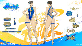 1girl absurdres alternate_hairstyle artist_request ass back_cutout blue_one-piece_swimsuit bracelet breasts capcom character_name chun-li cleavage clothing_cutout commentary copyright_name curvy double_bun flower full_body hair_bun hair_flower hair_ornament highleg highleg_leotard highleg_one-piece_swimsuit highres jewelry leotard multiple_views official_alternate_costume official_art one-piece_swimsuit one-piece_thong reference_sheet sandals smile solo street_fighter street_fighter_6 swimsuit thighs thong_one-piece_swimsuit wide_hips