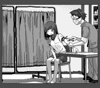 1boy 1girl barefoot between_legs border breasts chair crying glasses greyscale gym_uniform hamsterfragment hand_between_legs holding holding_syringe indoors jaggy_lines leaning_forward lowres mask medium_breasts medium_hair monochrome mouth_mask on_chair original pants shirt short_hair short_shorts short_sleeves shorts sitting shinohata_sachie_(hamsterfragment) surgical_mask syringe table tourniquet
