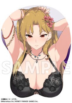 1girl adjusting_hair armlet arms_behind_head black_bra blonde_hair blush bra breasts cleavage commentary_request copyright_notice daidouji_(senran_kagura) earrings flower food-themed_earrings gold_armlet hair_flower hair_ornament highres jewelry lace lace-trimmed_bra lace_trim large_breasts long_hair looking_at_viewer marvelous merchandise_available mole mole_under_eye mousepad_(medium) necklace official_art open_mouth parted_bangs red_eyes red_flower sample_watermark senran_kagura single_earring smile solo underwear watermark yaegashi_nan