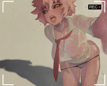 Rule 34 | 1girl, ashido mina, boku no hero academia, breasts, colored skin, large breasts, nipple piercing, piercing, pink skin, recording, solo, video (object), viewfinder