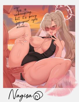 1girl aviator_sunglasses black_one-piece_swimsuit blue_archive breasts brown-tinted_eyewear brown_hair chair earrings english_text feathered_wings fingernails halo halterneck hetero highres hoop_earrings jewelry kiss large_breasts lipstick_mark long_fingernails long_hair low_wings lying missionary nagisa_(blue_archive) nagisa_(swimsuit)_(blue_archive) nipples official_alternate_costume official_alternate_hairstyle on_back on_chair one-piece_swimsuit one_breast_out open_mouth palm_tree penis polaroid_photo ponytail revolverwing sex signature sunglasses sunset swimsuit testicles thank_you tinted_eyewear tongue tongue_out tree uncensored white_nails white_wings wings