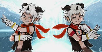 2boys aegiomon black_horns black_vest body_markings chest_jewel commentary cowboy_shot digimon digimon_(creature) digimon_story:_time_stranger english_commentary facial_mark goat_boy grey_hair highres horns male_focus mnmars_art multiple_boys no_shirt pointy_ears red_scarf satyr scarf short_hair vest yellow_eyes