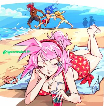 Rule 34 | 1girl, amy rose, barefoot, beach, blue eyes, blue sky, breasts, cleavage, closed eyes, closed mouth, cloud, commentary, day, dr. eggman, earrings, english commentary, feet, hairband, highres, humanization, jewelry, knuckles the echidna, metal sonic, ocean, outdoors, pink hair, red hair, red hairband, sky, soles, sonic (series), sonic the hedgehog, sparrowcrit, sunglasses, tails (sonic), toes, water