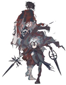 1boy 1girl armor bandage_over_one_eye bandaged_arm bandaged_head bandages barefoot black_armor black_bandages black_thighhighs blood blood_on_clothes cape chain chiemon_(fate) crest dual_wielding family_crest fate/samurai_remnant fate_(series) full_body fur-trimmed_cape fur_trim greaves headpiece highres holding holding_polearm holding_weapon japanese_armor jeanne_d'arc_(fate) jeanne_d'arc_alter_(lancer)_(fate) polearm ruda_(ruda_0616_tfj) sabaton short_hair shoulder_armor simple_background sode thighhighs torn_cape torn_clothes weapon white_background white_hair yellow_eyes