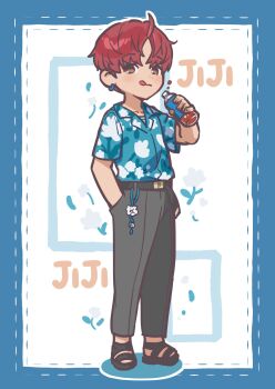 1boy ahoge belt black_belt black_sandals blue_border blue_shirt blush border bottle brown_eyes character_name collared_shirt dandadan earrings enjoji_jin flower_charm full_body grey_pants hair_between_eyes hawaiian_shirt highres holding holding_bottle jeon10457441 jewelry male_focus pants parted_bangs print_shirt red_hair sandals shirt shirt_under_shirt short_hair short_sleeves solo tongue white_background