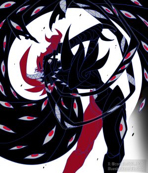 abbadomon abbadomon_core black_cape black_skin cape colored_skin confeito000_333 cowboy_shot digimon digimon_(creature) extra_eyes extra_mouth from_behind head_back highres looking_at_viewer looking_back multicolored_skin red_eyes red_skin sharp_teeth simple_background teeth two-tone_skin white_background