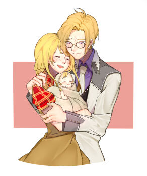 1boy 1girl ambiguous_gender baby blonde_hair blush bokujou_monogatari bokujou_monogatari:_mittsu_no_sato_no_taisetsuna_tomodachi border carrying carrying_baby carrying_person commentary commission cropped_legs english_commentary family father_and_child ford_(bokujou_monogatari) glasses happy happy_tears highres hug hug_from_behind husband_and_wife if_they_mated mother_and_child nanami_(bokujou_monogatari) necktie purple_eyes round_eyewear siblings simple_background smile t0t0m0 tears twins white_border white_necktie