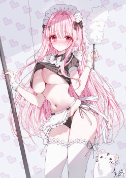 1girl absurdres apron black_panties black_shirt blush bow bowtie breasts cat clothes_pull collared_shirt commentary commission duster highres holding holding_duster hook large_breasts long_hair looking_at_viewer maid maid_apron navel original panties pink_eyes pink_hair pink_nails shirt shirt_pull smile stomach sweat tandohark thighhighs thighs unconventional_maid underboob underwear waist_apron white_apron white_bow white_bowtie white_thighhighs white_wrist_cuffs wrist_cuffs