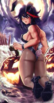 1girl absurdres animal_ears ass blue_eyes breasts choker halloween high_heels highres kill_la_kill lips looking_back matoi_ryuuko playboy_bunny pumpkin rabbit_tail reliusmax