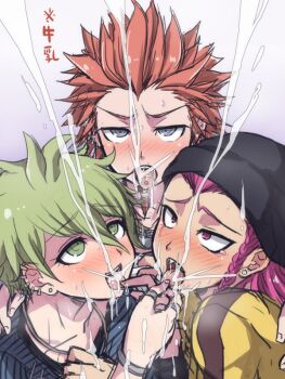 3boys amami_rantaro black_hat blush collarbone cum cum_in_mouth cum_on_tongue danganronpa:_trigger_happy_havoc danganronpa_(series) danganronpa_2:_goodbye_despair danganronpa_v3:_killing_harmony ear_piercing earrings facial_hair goatee green_eyes green_hair hat jacket jewelry kuwata_leon looking_up multiple_boys necklace piercing pink_eyes pink_hair pulling_tongue red_hiar ring shia_(lv43) shirt soda_kazuichi striped_clothes striped_shirt tongue tongue_out translation_request yaoi yellow_jacket