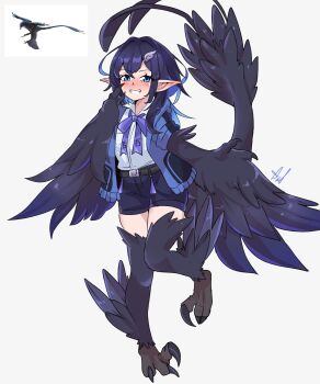 1girl a.c._hunter absurdres bird_legs black_feathers black_hair black_shorts black_wings bow claws commentary dinosaur_girl english_commentary feathered_dinosaur feathered_wings feathers grin hair_intakes harpy highres hood hoodie long_hair monster_girl open_clothes open_hoodie original partially_feathered_tail personification pointy_ears purple_bow reference_inset shirt shorts simple_background smile solo standing standing_on_one_leg talons white_background white_shirt winged_arms wings