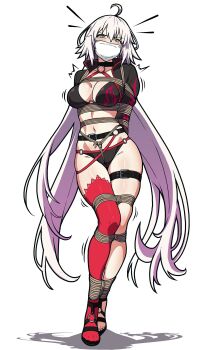 1girl absurdres ahoge arms_behind_back bdsm black_bra black_jacket black_panties bondage bound bound_arms bound_legs bra breasts choker cleavage cloth_gag collarbone crotch_rope gag gagged grey_hair groin high_heels highres improvised_gag jacket jeanne_d&#039;arc_alter_(fate) long_hair looking_at_viewer navel panties shibari shibari_over_clothes simple_background single_thighhigh skindentation stomach thigh_strap thighhighs tiedtiki twintails underwear very_long_hair white_background yellow_eyes