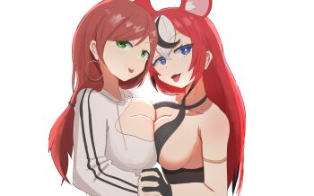 2girls angelchama animal_ear_fluff animal_ears bare_shoulders black_hair blue_eyes blush breast_press breasts bright_pupils cleavage cleavage_cutout clothing_cutout commentary eyelashes fangs green_eyes hair_between_eyes hair_ornament hakos_baelz highres hololive hololive_english hoopa_earrings indie_virtual_youtuber long_hair long_sleeves miori_celesta mouse_ears mouse_girl multicolored_hair multiple_girls open_mouth red_hair sideboob simple_background smile split_mouth symmetrical_docking tongue tongue_out untranslatable_commentary virtual_youtuber white_background white_hair white_pupils